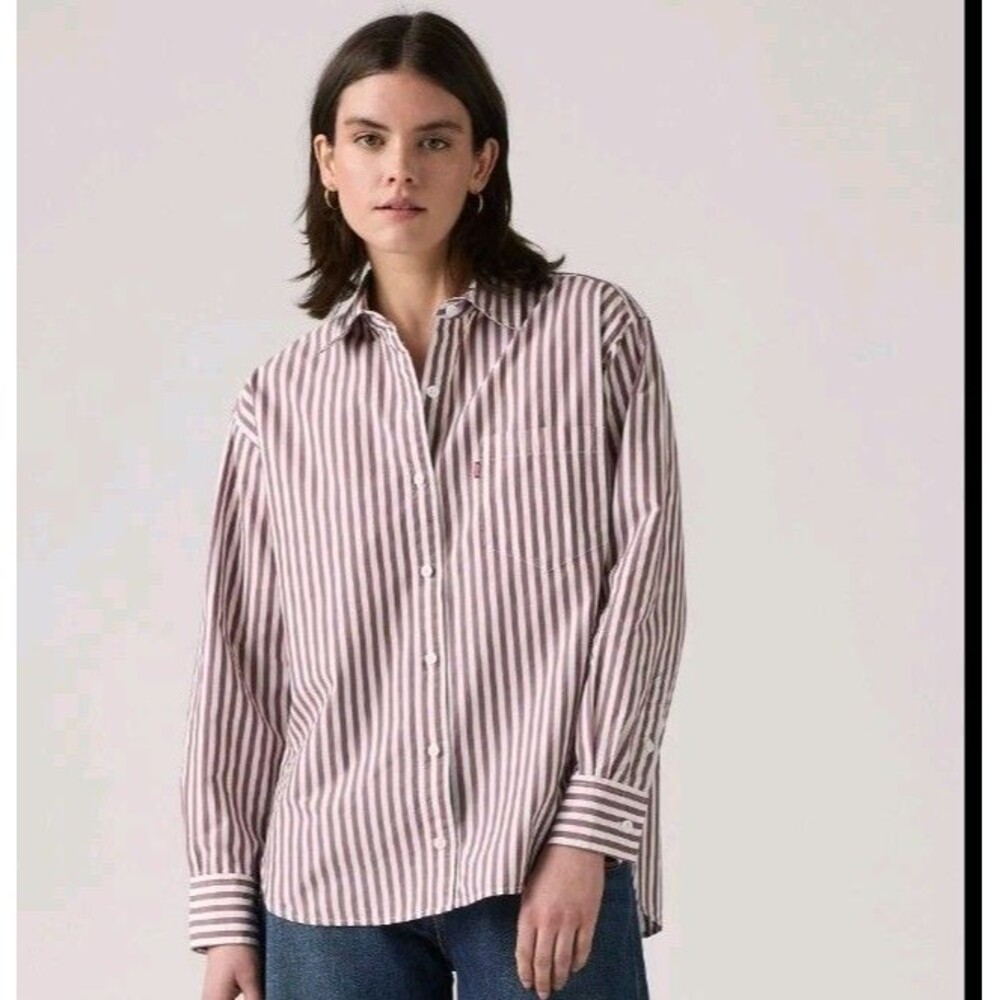 Levi's Harlie Womens Xl Oversized Boyfriend Shirt White Brown Striped Cotton Top